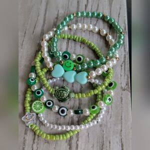 Green and White Beaded Bracelet Set Of 6